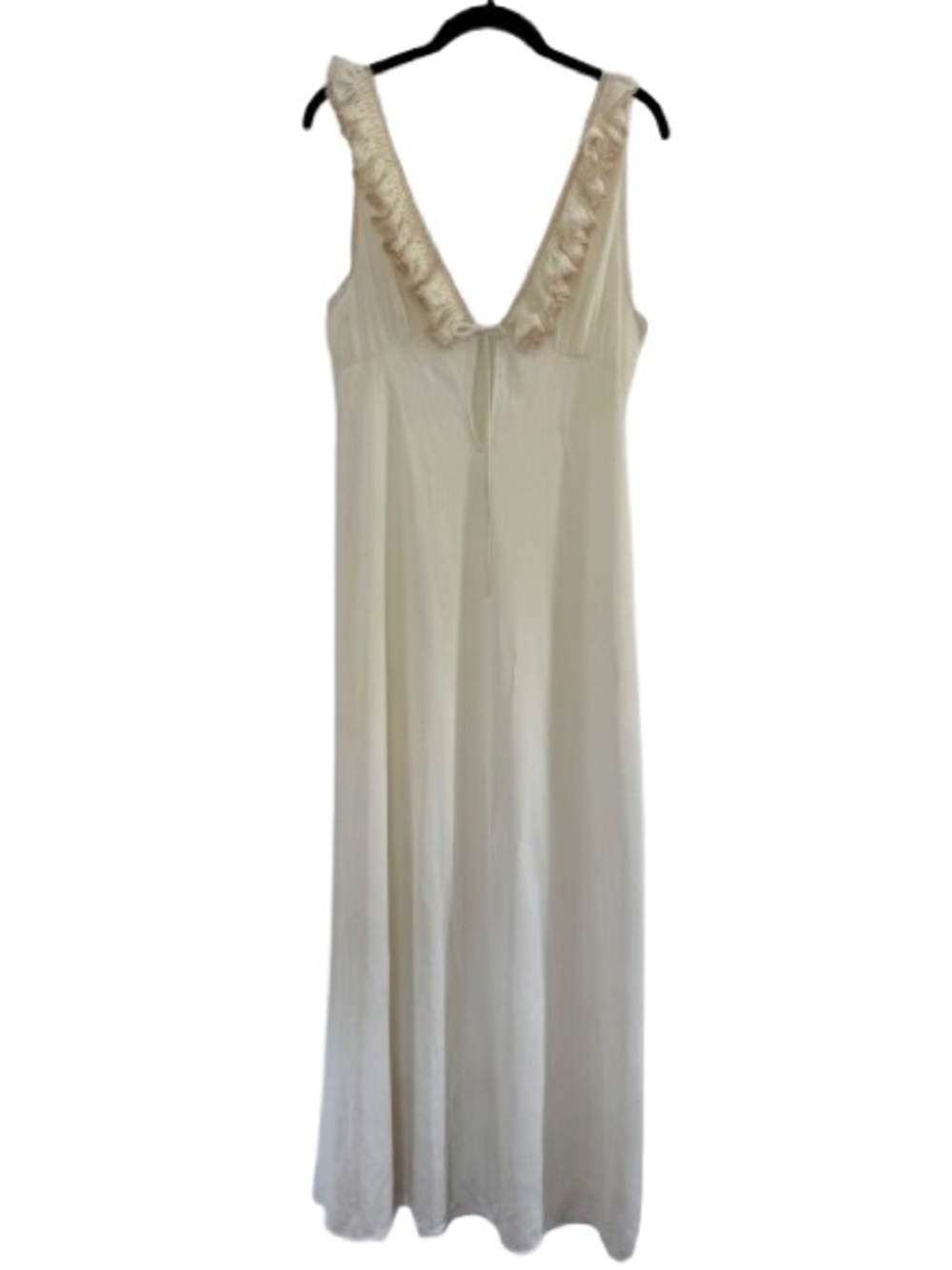 Vintage 1970s Cream Slip Dress Lace Ribbon Ruffled V Neck Nylon Midi